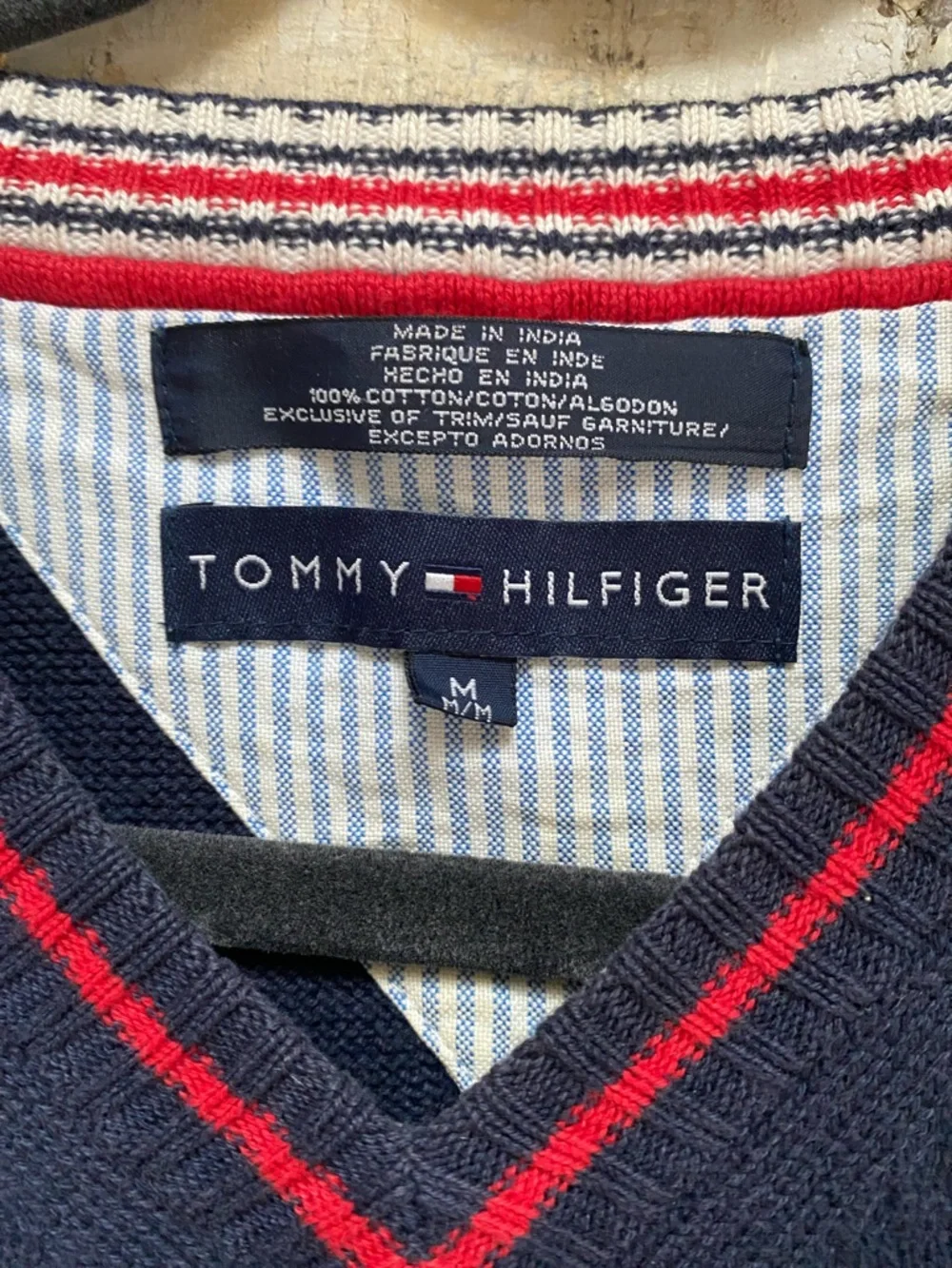 Vintage Tommy Hilfiger Cotton Navy V-Neck Sweater Vest with Red Trim, Size M